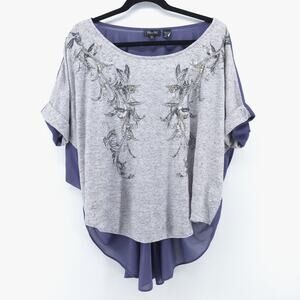 Miss Me Medium Boho Beaded Floral Periwinkle Romantic Top Chiffon Gathered Back